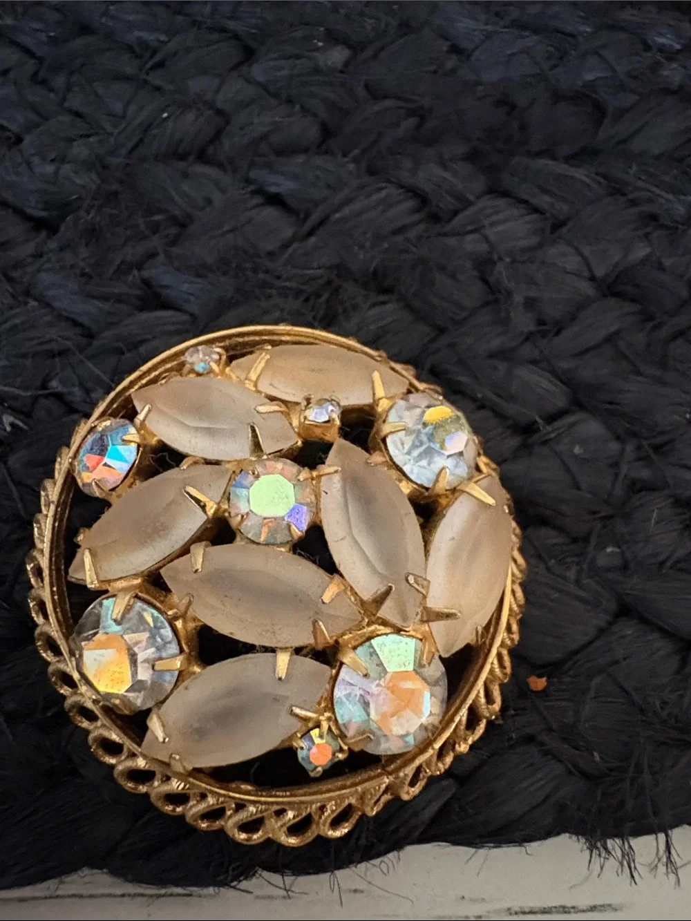 Gold-Tone Brooch with Frosted Opal Marquise Stones and Aurora Rhinestones